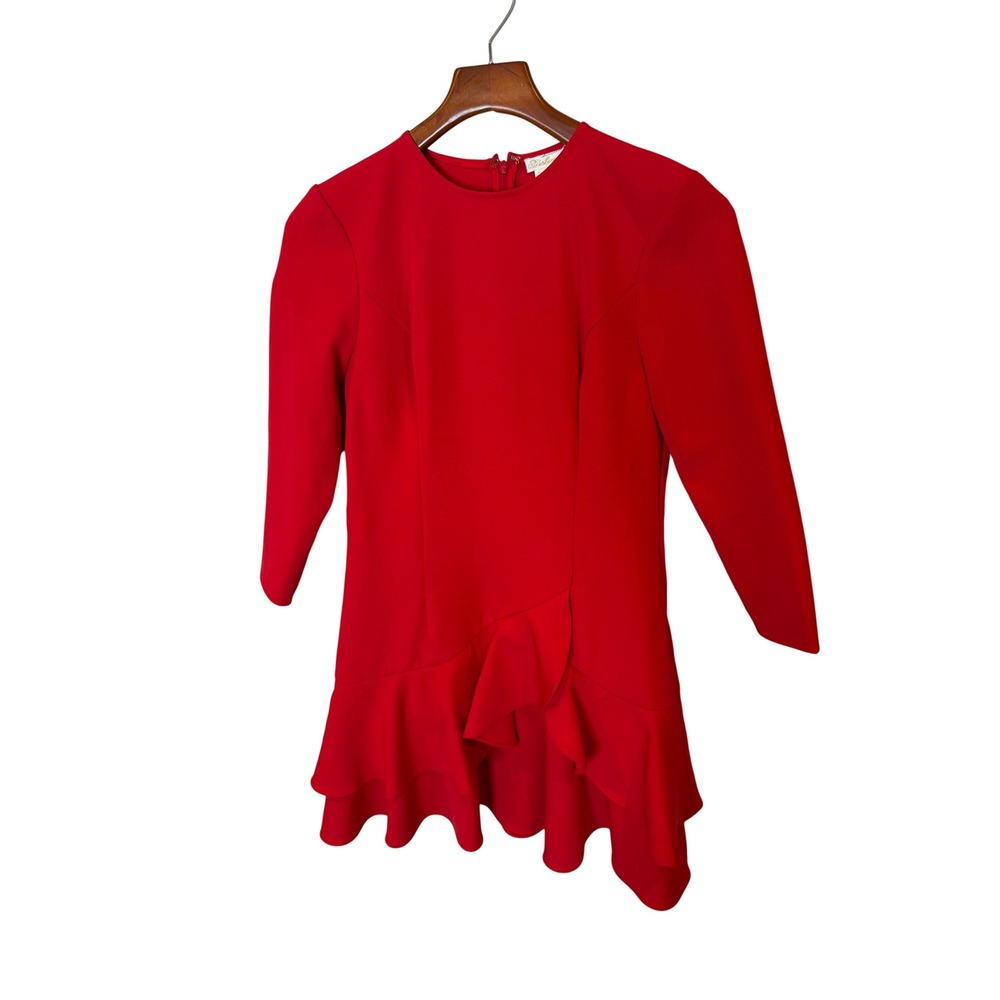 Shoshanna Red Ruffle Hem Mini Dress 3/4 Sleeve Size 6 Tailored Cocktail Party